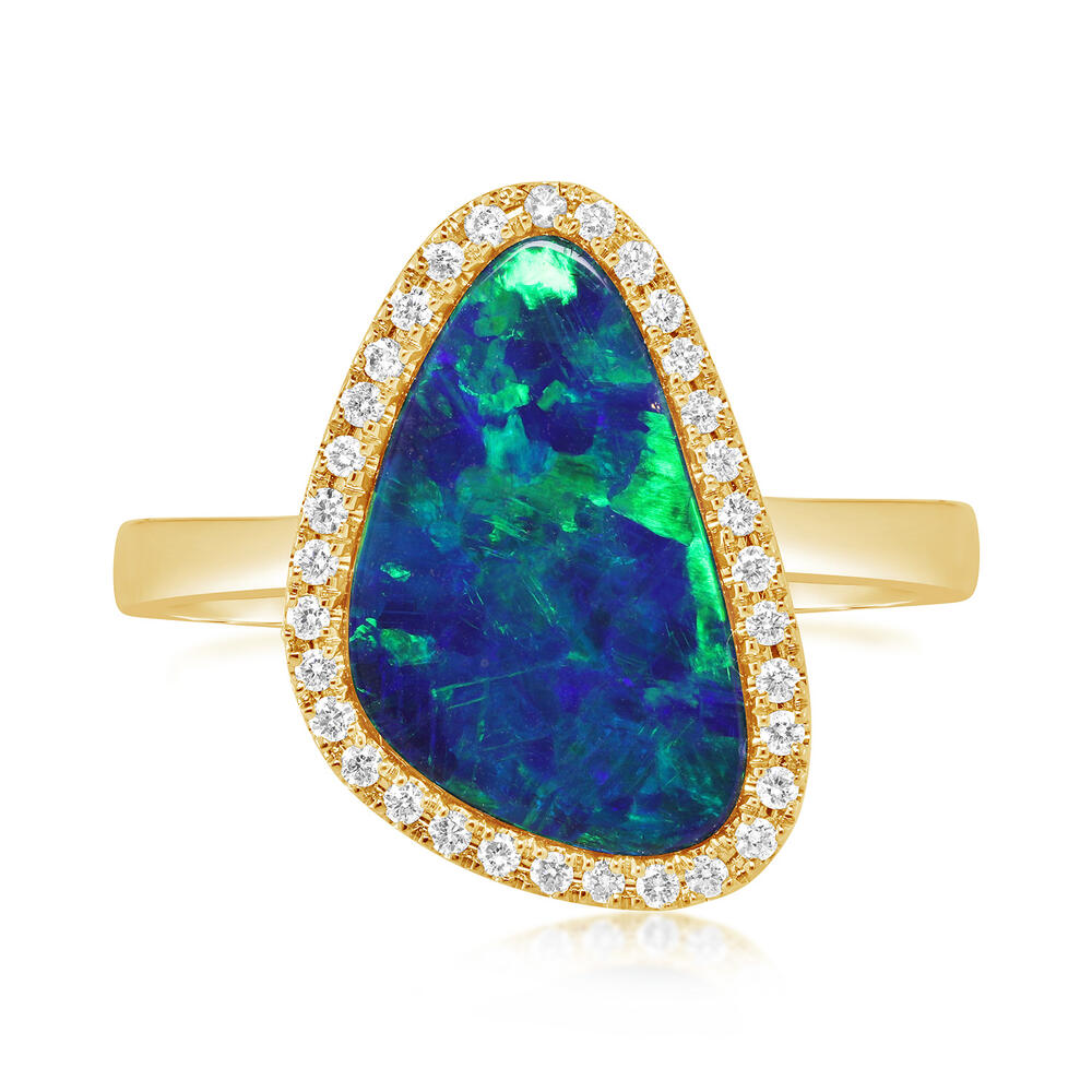 14K Yellow Gold Australian Opal Doublet/Diamond Ring