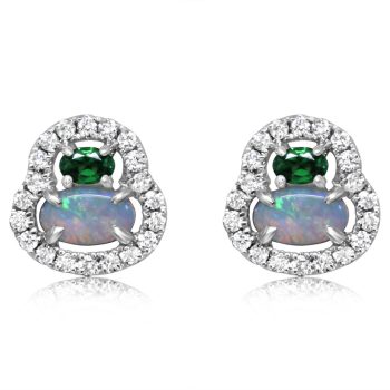 14K White Gold Australian Opal/Tsavorite/Diamond Earrings