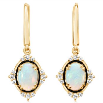 14K Yellow Gold Australian Opal/ Diamond Earrings with Black Enamel
