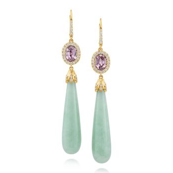 18K Yellow Gold Green Jade/Lotus Garnet/Diamond Earrings