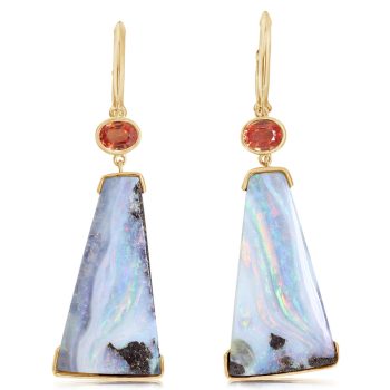 14K Yellow Gold Australian Boulder Opal/Orange Sapphire Earrings