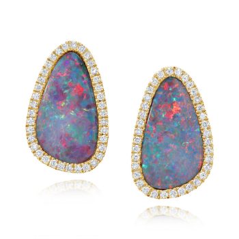 14K Yellow Gold Australian Opal Doublet/Diamond Earrings