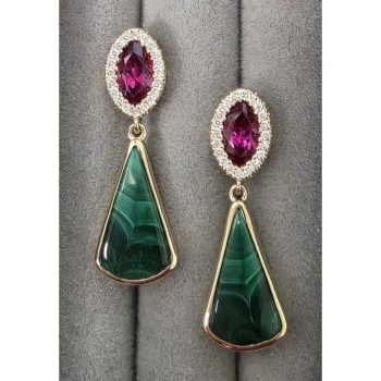 14K Yellow Gold Malachite/Rubellite Tourmaline/Diamond Earrings