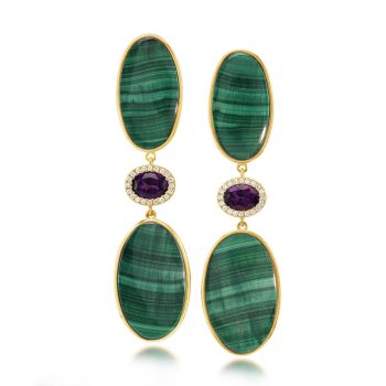 14K Yellow Gold Malachite/Purple Garnet/Diamond Earrings