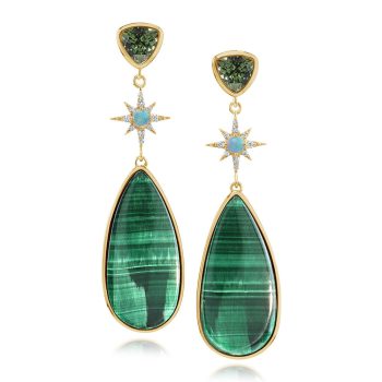 14K Yellow Gold Malachite/Australian Opal/Diamond Earrings