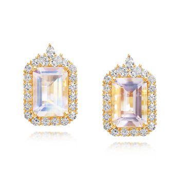18K Yellow Gold Rainbow Moonstone/Diamond Earrings