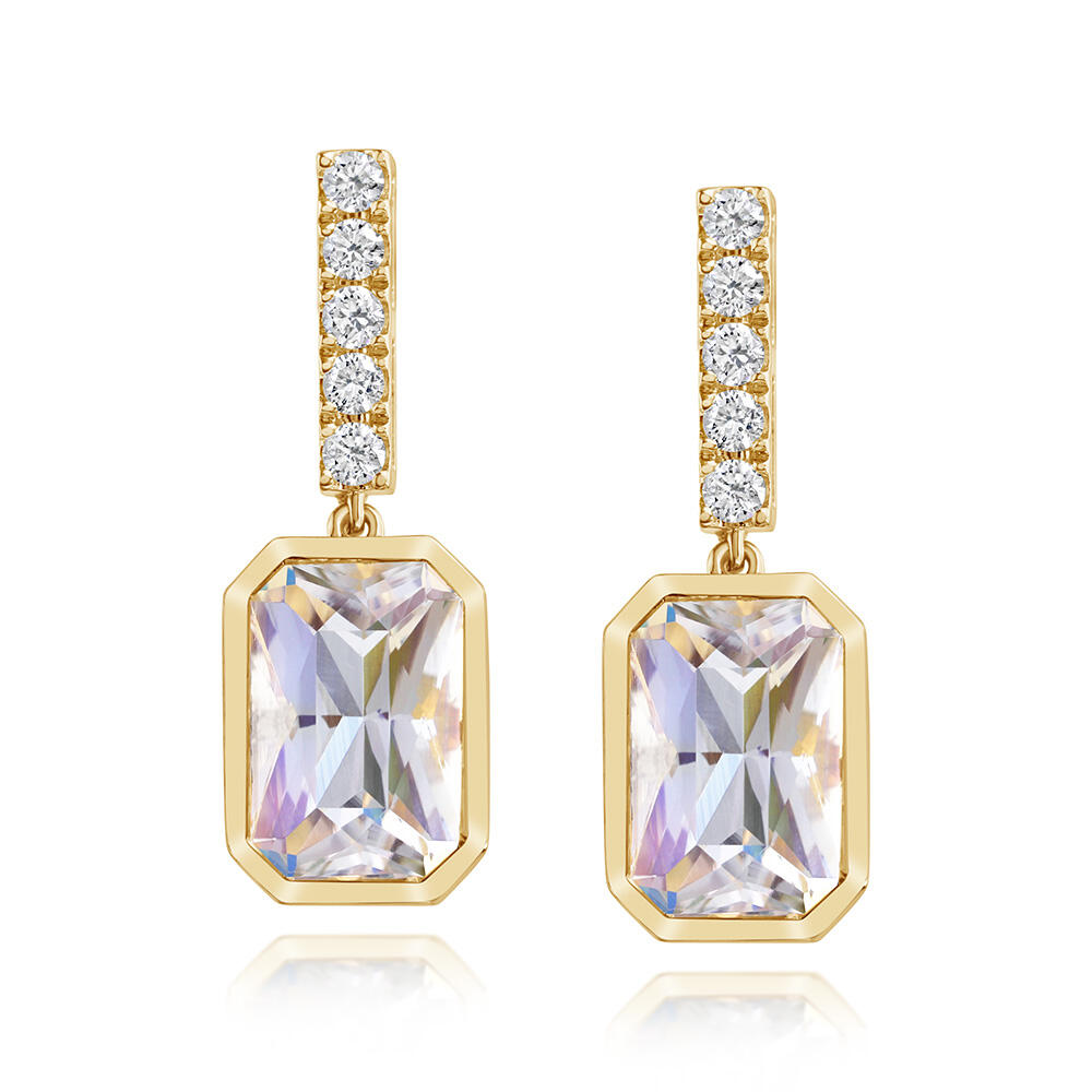 18K Yellow Gold Rainbow Moonstone/Diamond Earrings