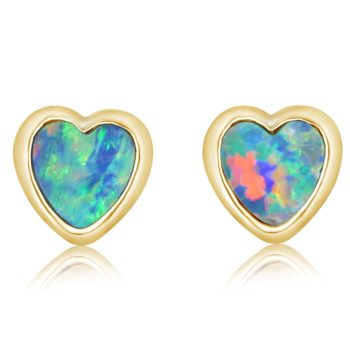 14K Yellow Gold 6mm Australian Opal Doublet Heart Earrings