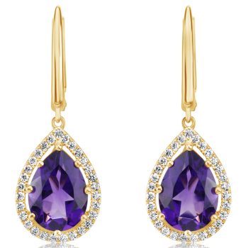 14K Yellow Gold 10x7mm Pear Amethyst/Diamond Earrings