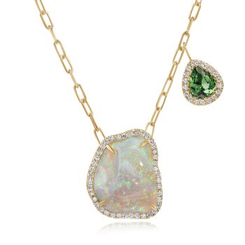 18K Yellow Gold Australian Opal/Mint Garnet/Diamond Neckpiece