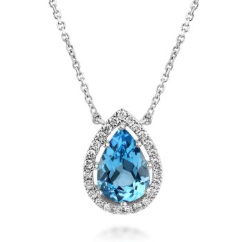 14K White Gold 10x7 Pear Blue Topaz/Diamond Neckpiece
