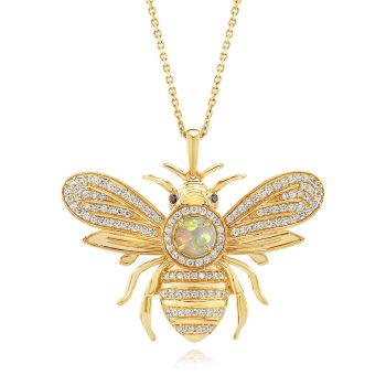 14K Yellow Gold Australian Opal/Diamond/Black Diamond Bee Pendant