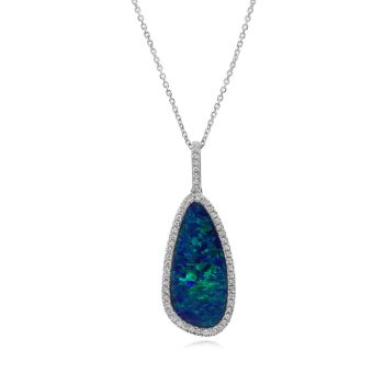 14K White Gold Australian Opal Doublet/Diamond Pendant