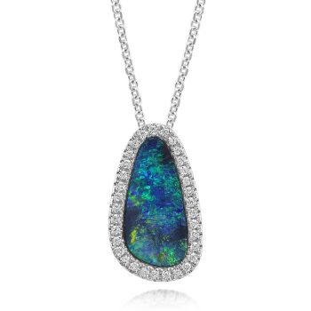 14K White Gold Australian Opal Doublet/Diamond Pendant