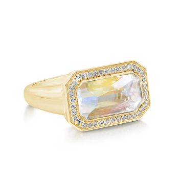 18K Yellow Gold Rainbow Moonstone/Diamond Ring