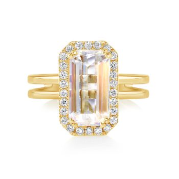 18K Yellow Gold Rainbow Moonstone/Diamond Ring