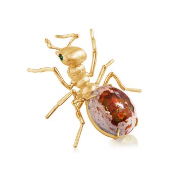 14K Yellow Gold Mexican Fire Opal/Tsavorite Fire Ant Lapel Pin with Ylw Plated Post-Back