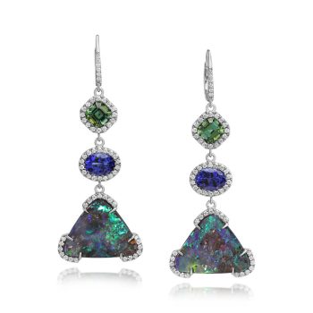 18K White Gold Boulder Opal/Blue-Green Tourmaline/Tanzanite/Diamond Earrings