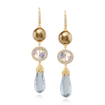 18K Yellow Gold Aquamarine/Rainbow Moonstone/Golden South Sea Pearl/Diamond Earrings