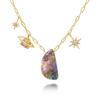 14K Yellow Gold Australian Boulder Opal/Fire Opal/Diamond Neckpiece