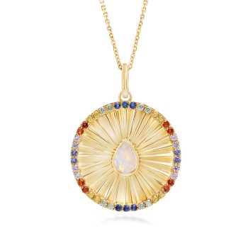 14K Yellow Gold Australian Opal/Rainbow Sapphire Medallion Pendant ,