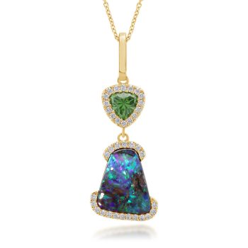 18K Yellow Gold Australian Boulder Opal/Tsavorite/Diamond Pendant