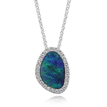 14K White Gold Australian Opal Doublet/Diamond Pendant