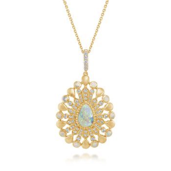 14K Yellow Gold Boulder Crystal Australian Opal/Diamond Pendant