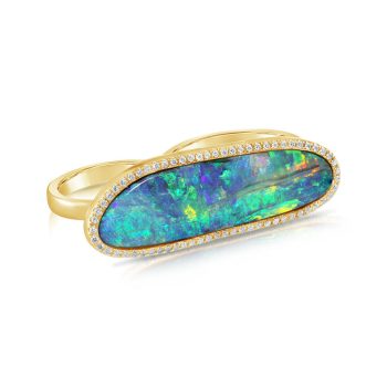18K Yellow Gold Australian Boulder Opal/Diamond Two Finger Ring