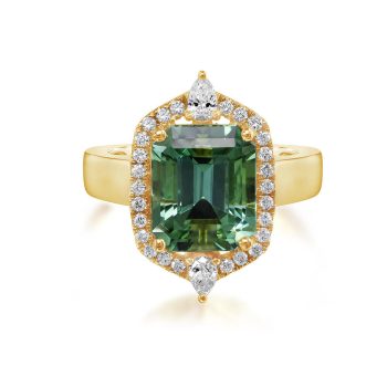 18K Yellow Gold Blue Green Tourmaline/Diamond Ring