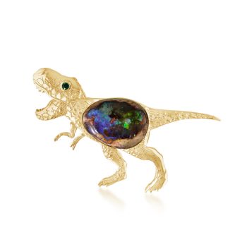14K Yellow Gold Mexican Fire Opal Boulder/Tsavorite Tyrannosaurus Rex (T-Rex) Brooch