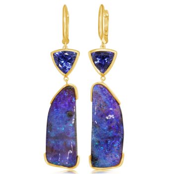 14K Yellow Gold Australian Boulder Opal/Tanzanite Earrings