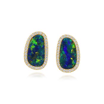 14K Yellow Gold Australian Opal Doublet/Diamond Earrings