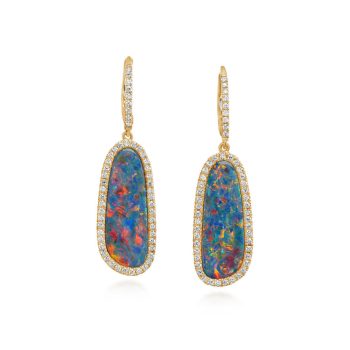 14K Yellow Gold Australian Opal Doublet/Diamond Earrings