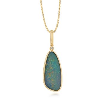 14K Yellow Gold Australian Opal Doublet/Diamond Pendant with Paperclip Bail