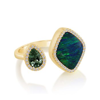 18K Yellow Gold Australian Opal Doublet/Mint Garnet/Diamond Ring Cuff