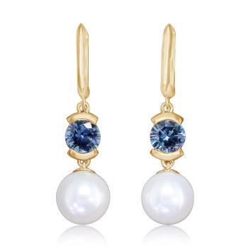 14K Yellow Gold White Freshwater Cultured Pearl/Montana Sapphire Earrings