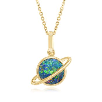 14K Yellow Gold 8mm Australian Opal Doublet Saturn Pendant