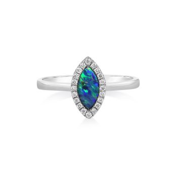 14K White Gold Australian Opal Doublet/Diamond Ring