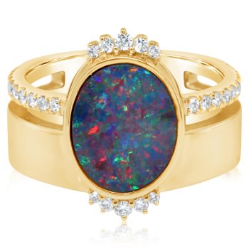 14K Yellow Gold Australian Opal Doublet/Diamond Cigar Band Ring