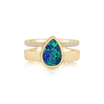 14K Yellow Gold Australian Opal Doublet/Diamond Cigar Band Ring