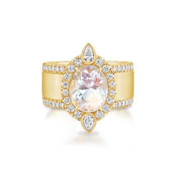 18K Yellow Gold Rainbow Moonstone/Diamond Ring