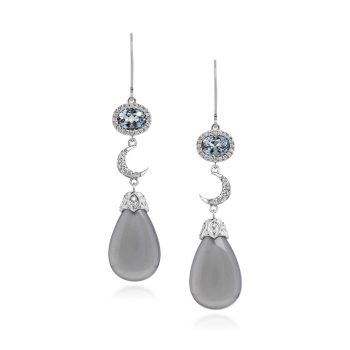 18K White Gold Gray Moonstone/Gray Spinel/Diamond Moon Earrings