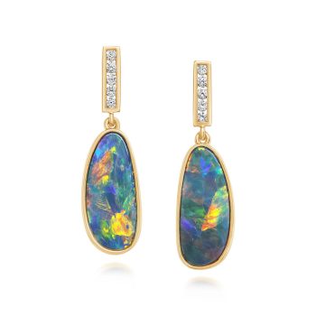 14K Yellow Gold Australian Opal Doublet/Diamond Earrings